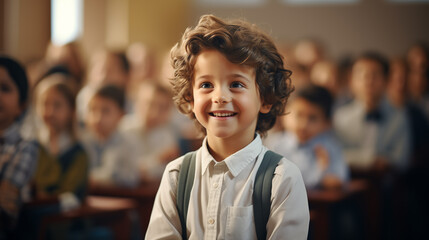 A smiling curly-haired schoolboy, elementary school, is sitting in a classroom - obrazy, fototapety, plakaty