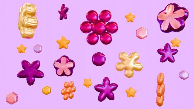 Inflated vivid flower balloons rotating, looped animation on violet background