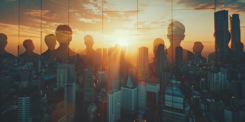 double exposure of peoples silhouette and modern city background - obrazy, fototapety, plakaty