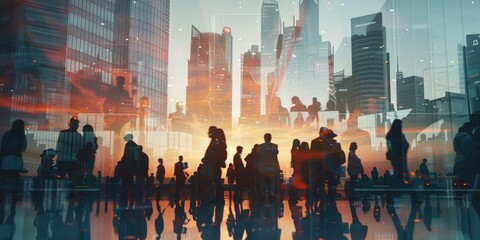 double exposure of peoples silhouette and modern city background
