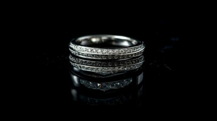 Platinum jewelry. Product shoot, macro shot, platinum wedding ring with diamond on shiny black surface. Dark background.