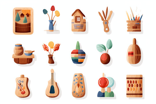 Wooden icons of handmade household products on white background. 