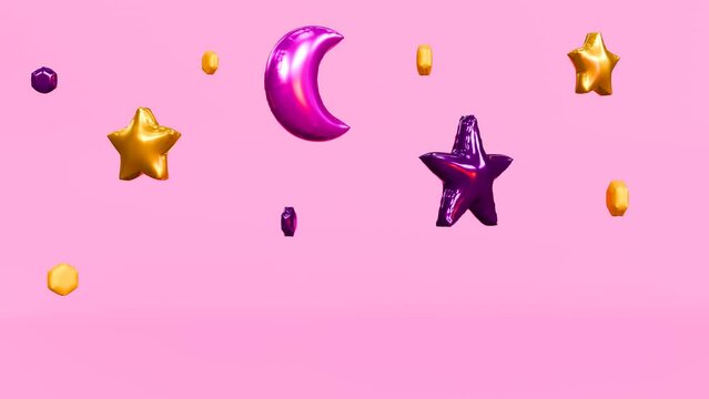 Inflated magenta crescent moon and golden stars balloons on light pink background