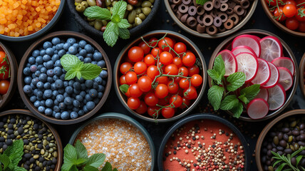 Assortment of a variety of healthy food dishes