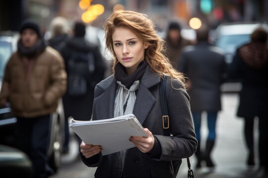 a woman holding papers in a city