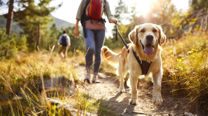 A joyful golden retriever leads the way on a sunny trail hike with its owners in the background.