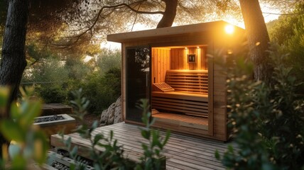 golden hour sun casts a warm glow on a wooden garden sauna, nestled among lush greenery, inviting relaxation and connection with nature