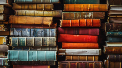 A textured array of vintage books stacked tightly together, showcasing their worn spines and the rich history they carry. - obrazy, fototapety, plakaty