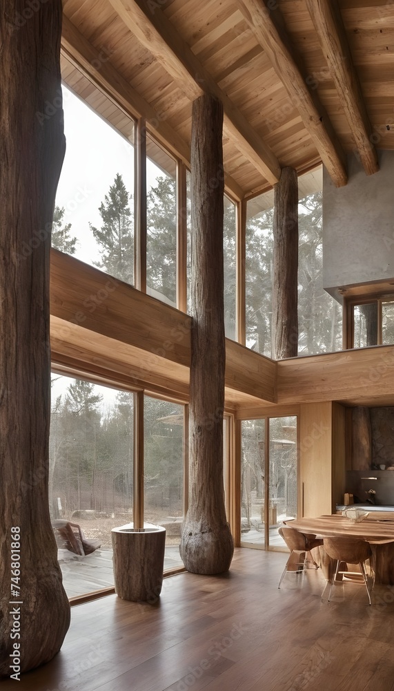 Aufkleber Tree trunk columns in rustic interior design of modern house