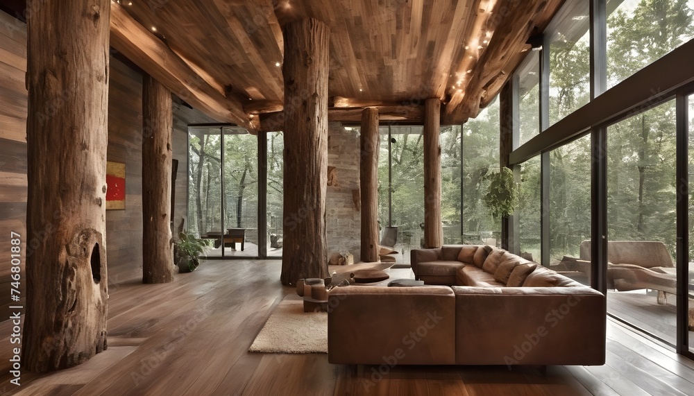 Poster tree trunk columns in rustic interior design of modern house