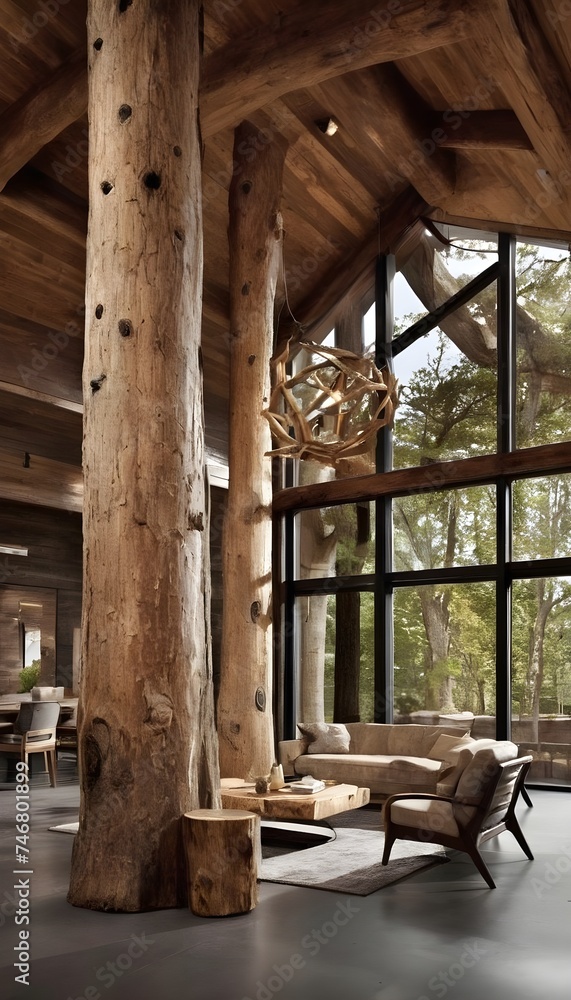 Aufkleber tree trunk columns in rustic interior design of modern house