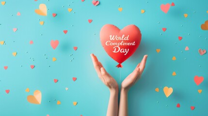 Hands Releasing Heart Balloon for World Compliment Day - obrazy, fototapety, plakaty