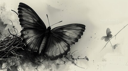 a black and white photo of a butterfly with a nest in it's wings and a butterfly in the background.