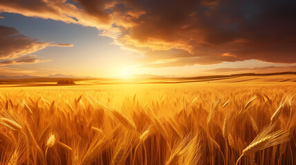 Obraz premium As the sun sets in the west, the golden wheat fields stretch to the horizon