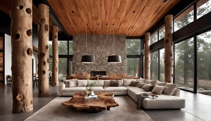 Tree trunk columns in rustic interior design of modern house