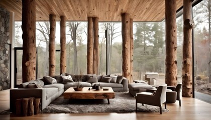 Tree trunk columns in rustic interior design of modern house