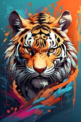 Majestic Tiger Portrait on Blue Background. Generative AI.