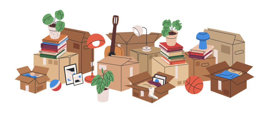 Moving stuff in cardboard boxes. Stacked carton moving boxes with books, clothes and pot plants flat vector background illustration. New house moving boxes on white