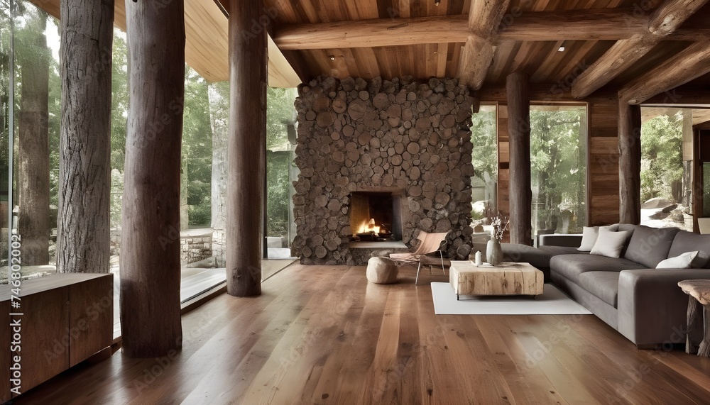 Poster tree trunk columns in rustic interior design of modern house