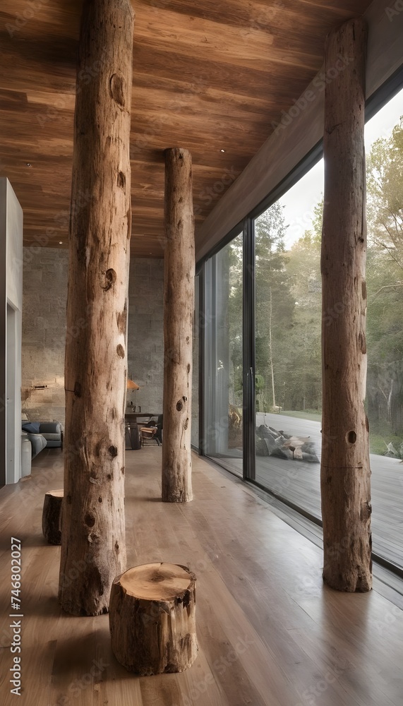 Aufkleber tree trunk columns in rustic interior design of modern house
