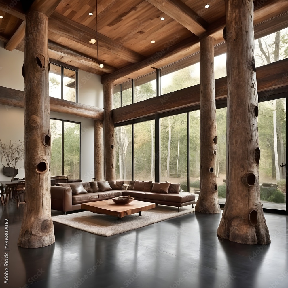 Poster tree trunk columns in rustic interior design of modern house