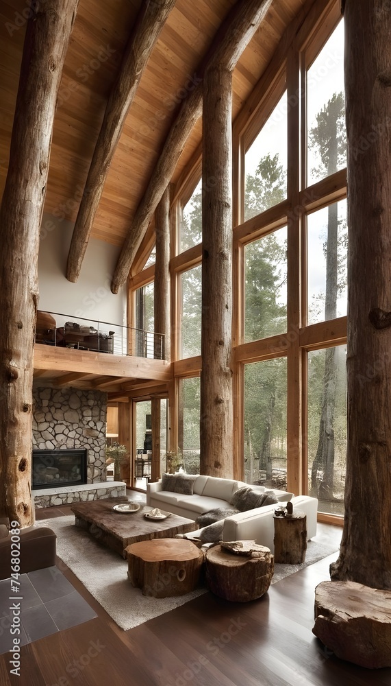 Poster tree trunk columns in rustic interior design of modern house