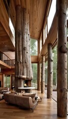 Tree trunk columns in rustic interior design of modern house