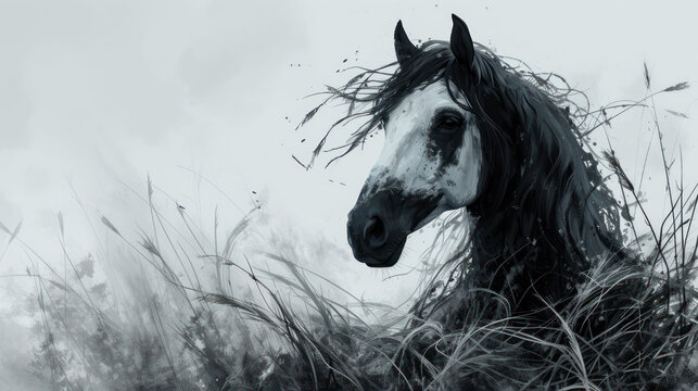 a black and white photo of a horse's head in a field of tall grass with a cloudy sky in the background.
