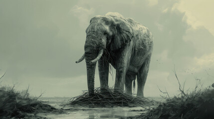 a large elephant standing on top of a pile of grass next to a body of water on a cloudy day.