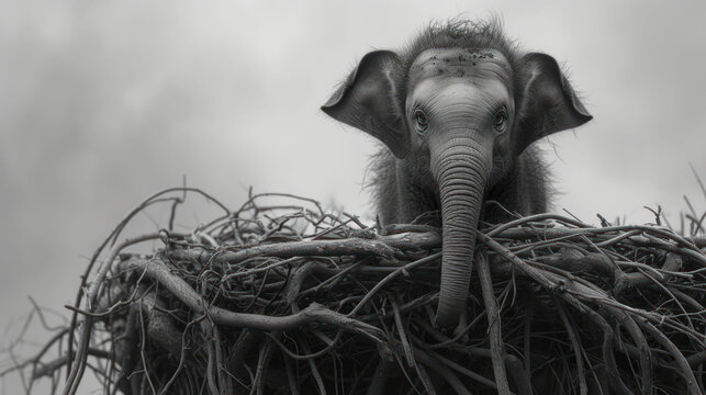 a black and white photo of an elephant's head sticking out of the top of a pile of branches.