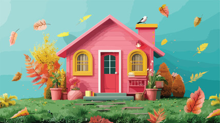 Cute pink cozy Eco House with yellow windows red doo - obrazy, fototapety, plakaty