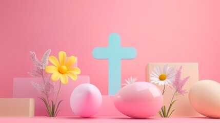 Crucifixion Of Jesus Christ Abstract  christian cross with easter eggs  colorful banner  , easter and christian concept, horizontal background, copy space for text