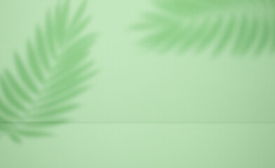 Green stage with shadow from a palm leaf for product demonstration and advertising