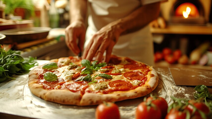 A baker prepares a margherita pizza - 746803066