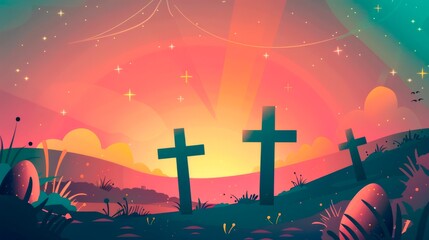 Crucifixion Of Jesus Christ Abstract  three christian cross colorful banner  , easter and christian concept, horizontal background, copy space for text - obrazy, fototapety, plakaty