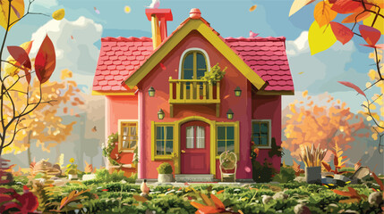 Fototapeta na wymiar Cute pink cozy Eco House with yellow windows red doo