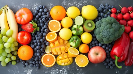 Assortment of a variety of fruits and vegetables on a dark background, copyspace - 746803244