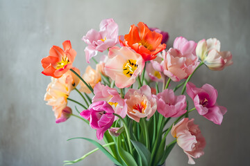 Bouquet of tulips on grey wall background