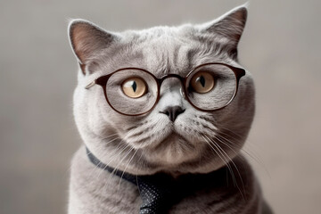Beautiful cute British cat with glasses. eyes glasses for correcting vision. Optic store poster, glasses sale concept. - obrazy, fototapety, plakaty