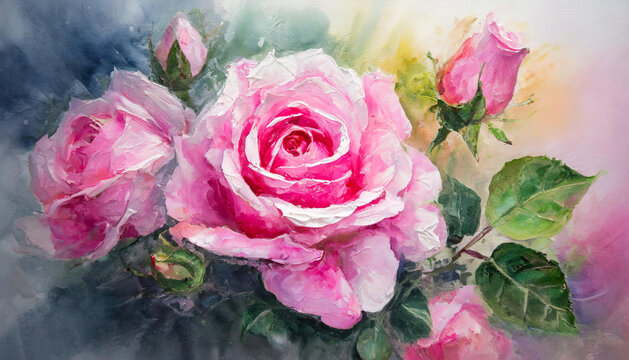 Illustration of pink roses in nature. Beautiful flowers. Smooth wet oil painting. .