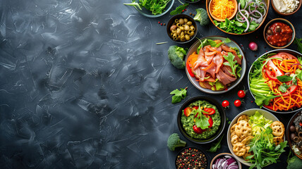 Assortment of healthy food dishes on a dark background with copyspace for your text