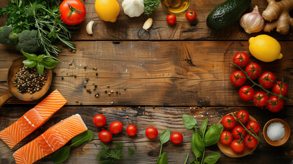 Assortment of healthy fresh food dishes on a wooden background, copyspace in the center - 746803611