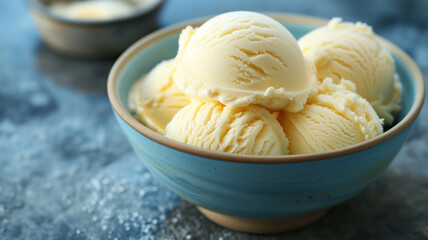 Blue bowl of vanilla ice cream