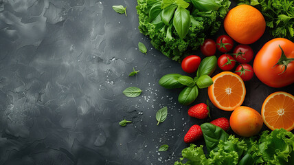 Assortment of healthy fresh fruits and vegetables on a dark background, copyspace - 746803649