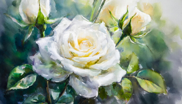 Abstract illustration of white roses in nature. Beautiful flowers. Smooth wet oil painting.