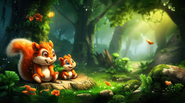 a picture of a forest with a squirrel and a squirrel cub sitting on a log in the middle of the forest.