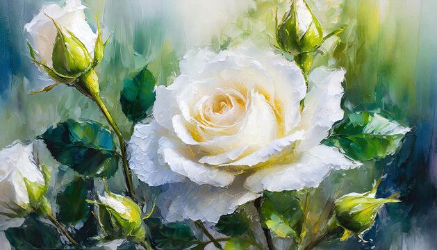 Abstract illustration of white roses in nature. Beautiful flowers. Smooth wet oil painting.