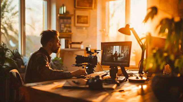 A young content creator man sitting at computer