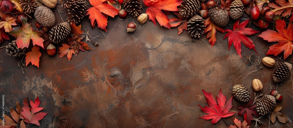 Poster a circular arrangement of autumn leaves and pine cones, creating a border frame on a flat surface. t