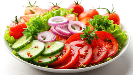Closeup on a bowl of fresh vegetables salad on a white background